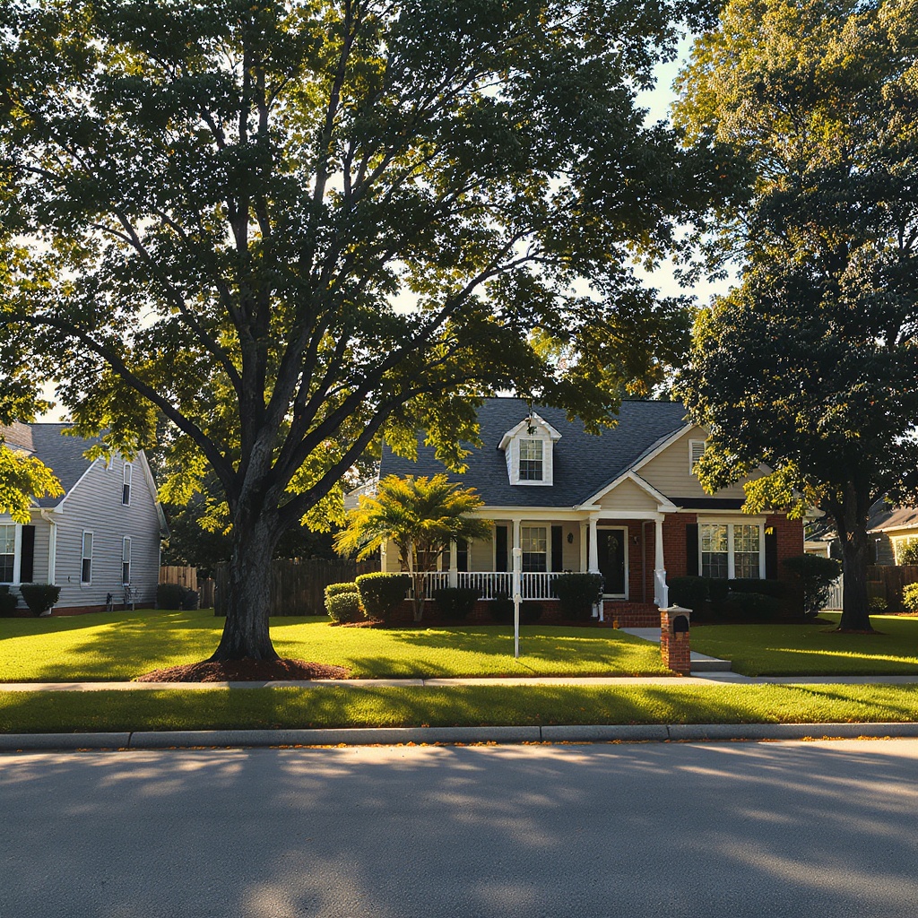 Residential home in Atlanta with mature oak trees and professional landscaping
