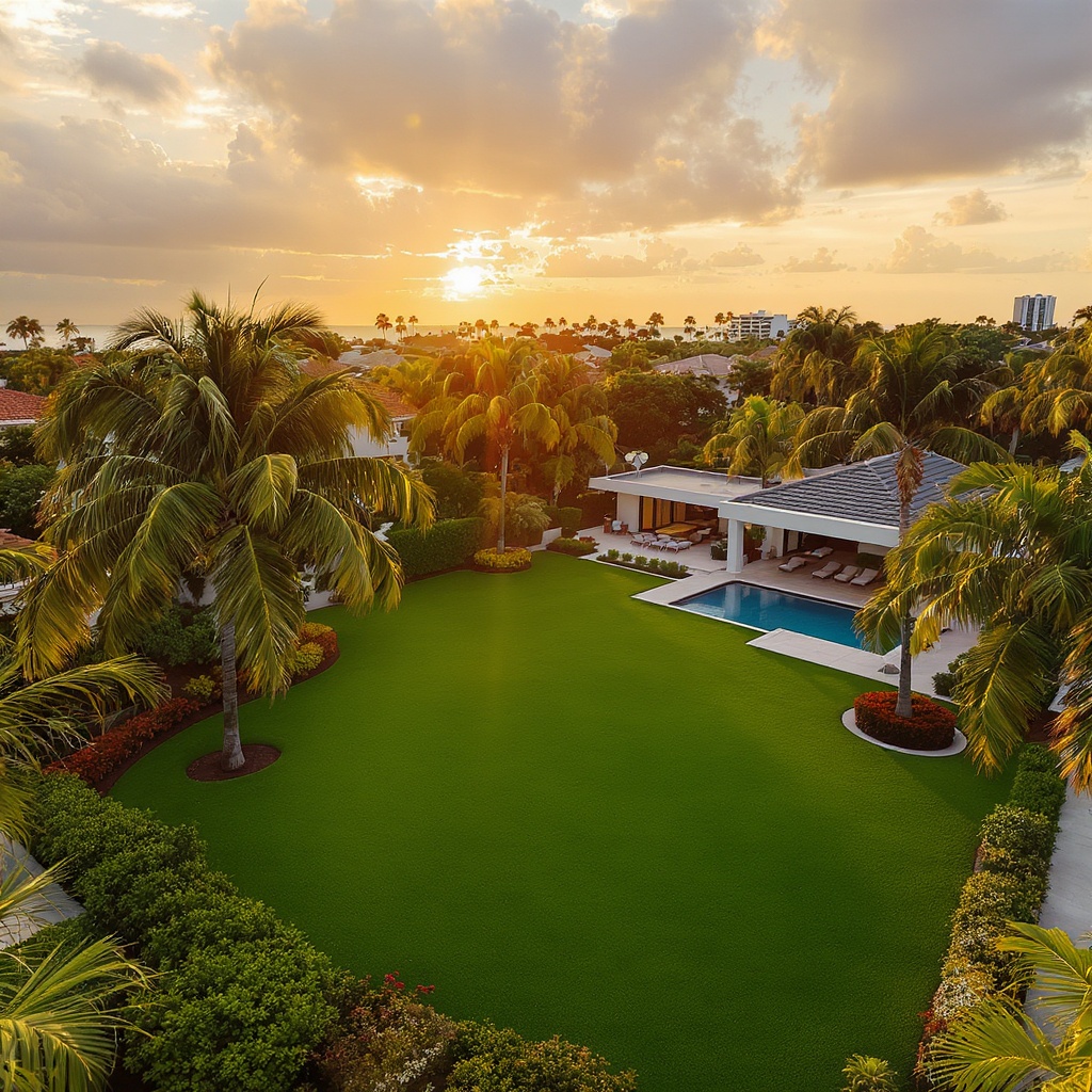 Lush Miami residential lawn with tropical landscaping and palm trees